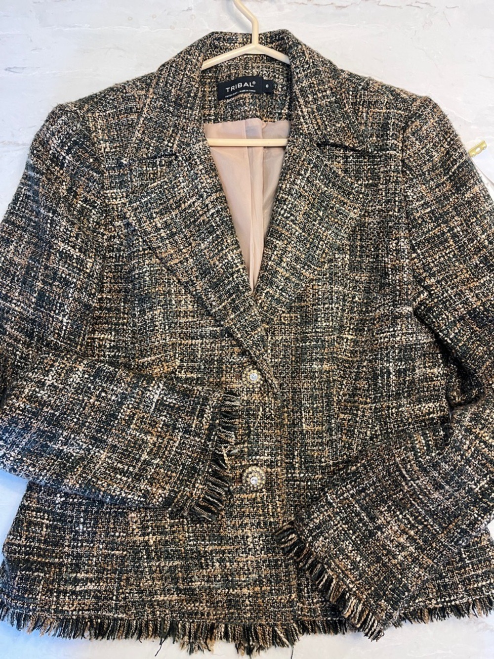 Tribal Brown and Cream Tweed Fringe-Trim Blazer